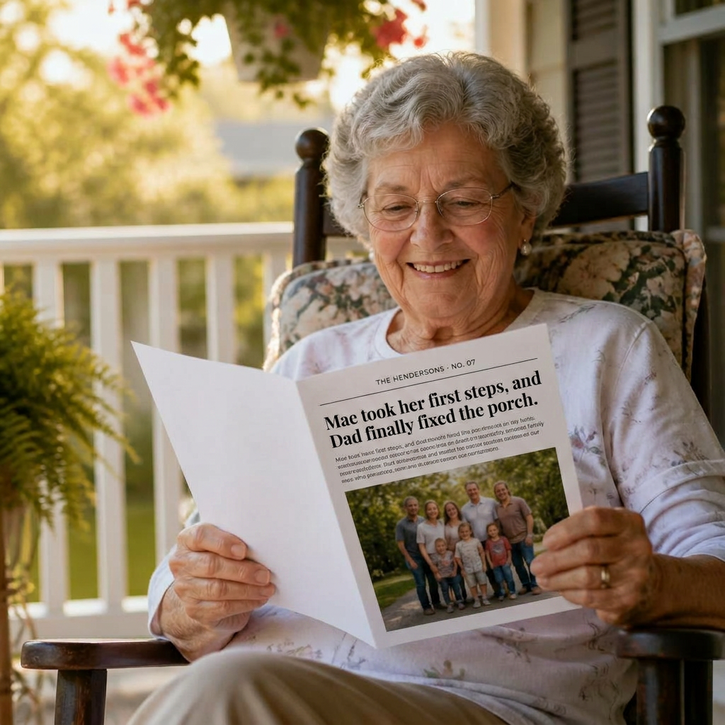 A grandmother on her front porch reading her family's monthly issue